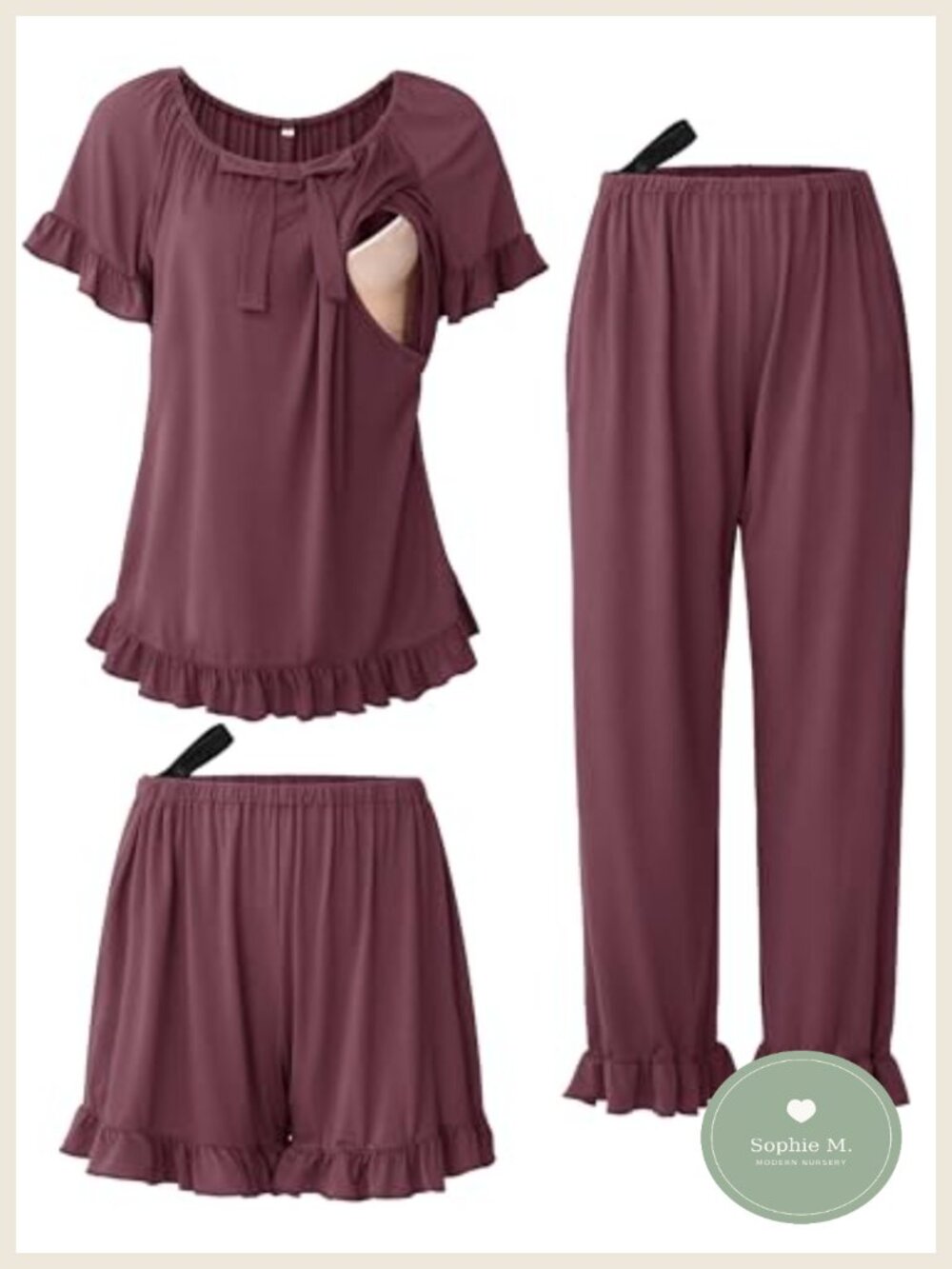 3 Piece Maternity Nursing Pajama Set, Ruffle Trim Sleepwear, Viscose Spandex
